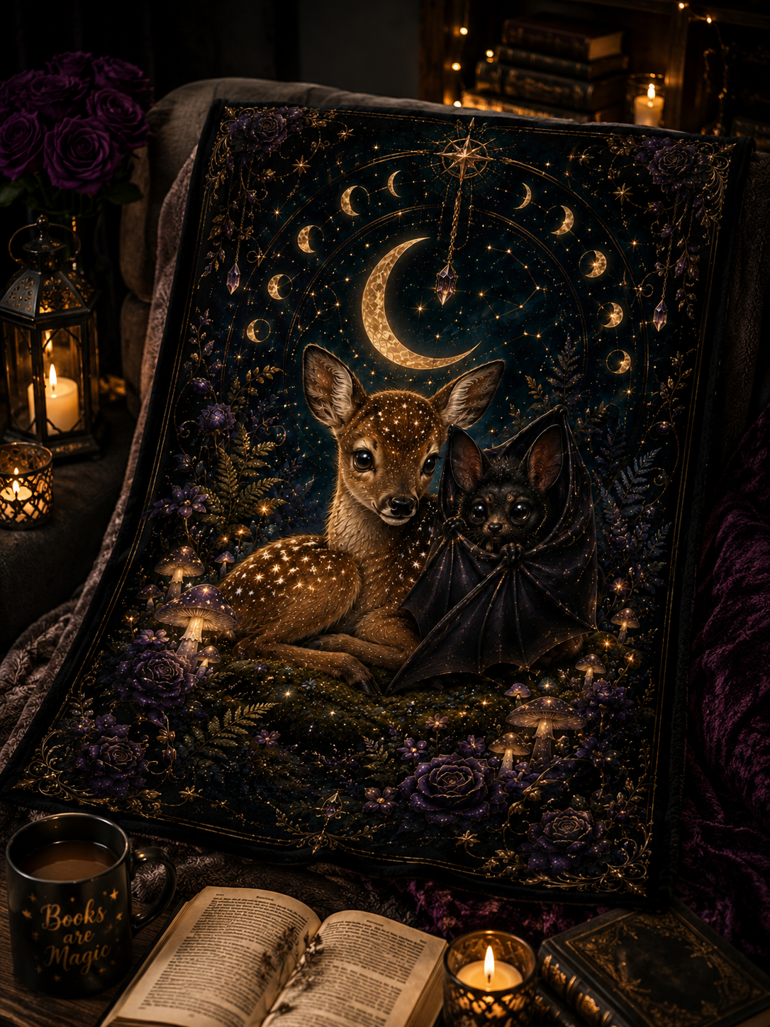 ✨ Moonlit Companions – Kuscheldecke mit Reh & Fledermaus