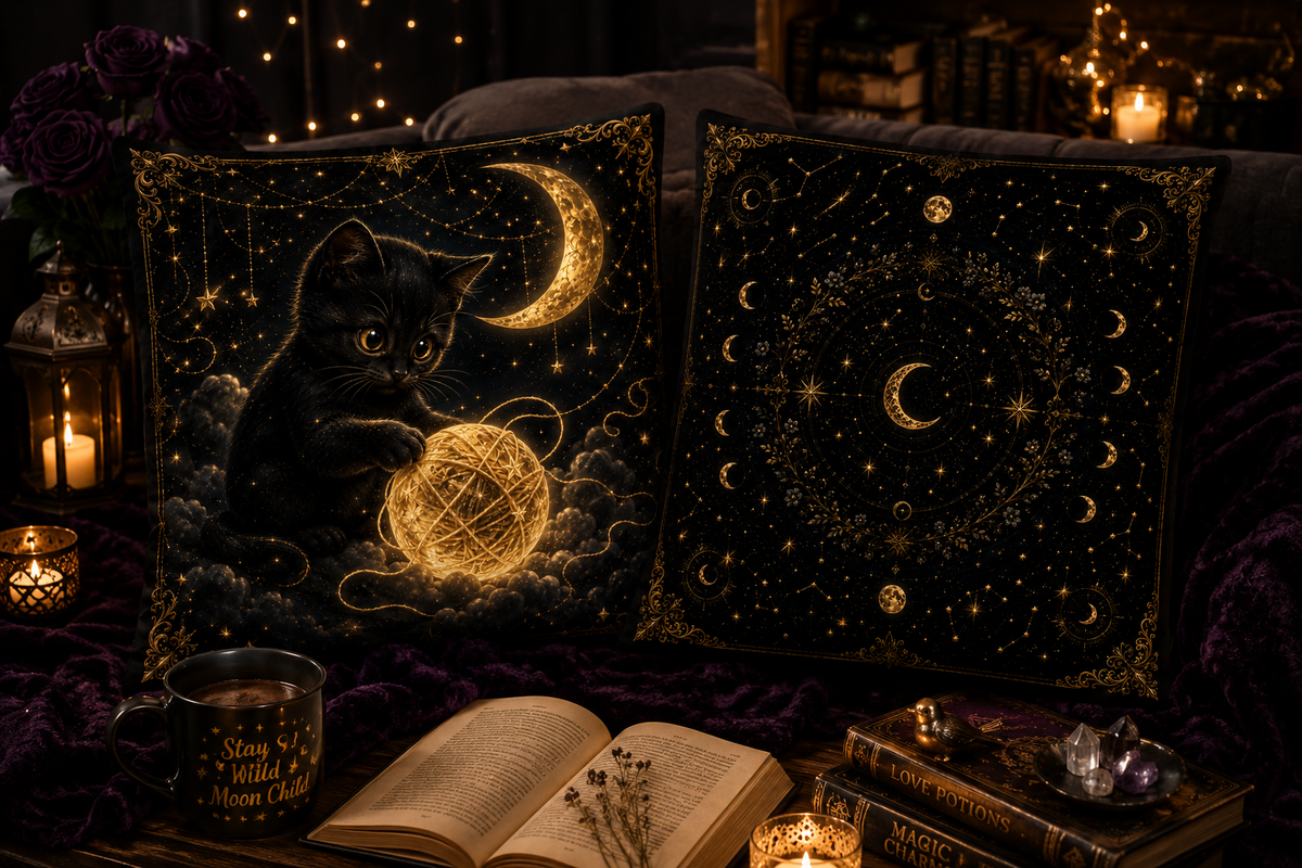 🌙 Midnight Whiskers – Kissen mit schwarzem Kätzchen & Mondphasen