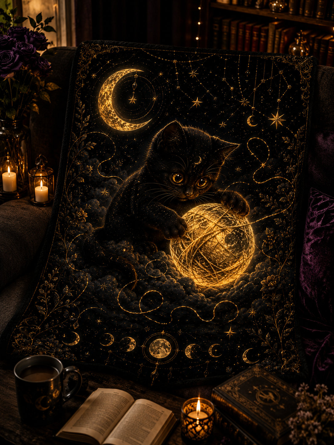 🌙 Golden Yarn – Kuscheldecke mit schwarzem Kätzchen