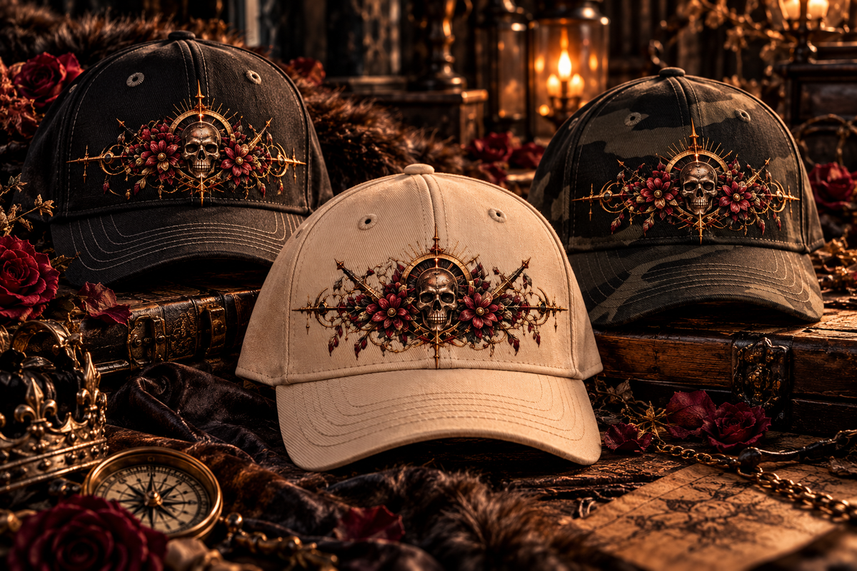 CRIMSON SKULL & ROSES – DIE DARK-LUXURY STATEMENT-CAP